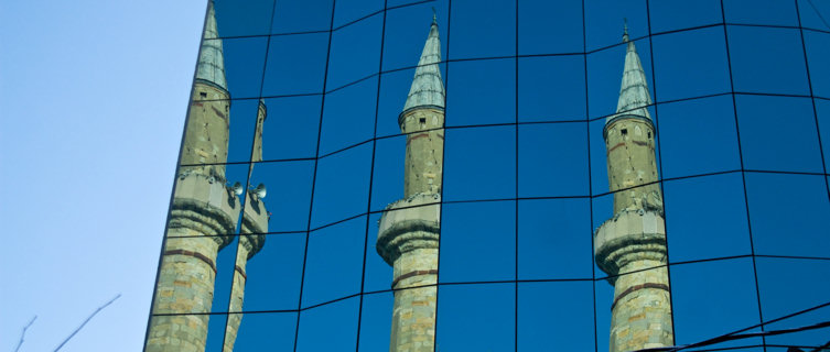 Pristina Ottoman Jashar Pasha Mosque reflected in glass